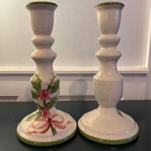VTG Christmas Candle Holders Holly & Ribbons-NS Guston Co.(set 2) 9.5”